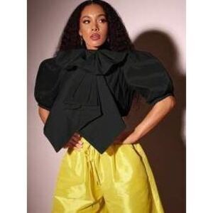 Vixey Exaggerated Bow Puff Sleeve Zip Up Woven Taffeta Top, Business Casual Wom…